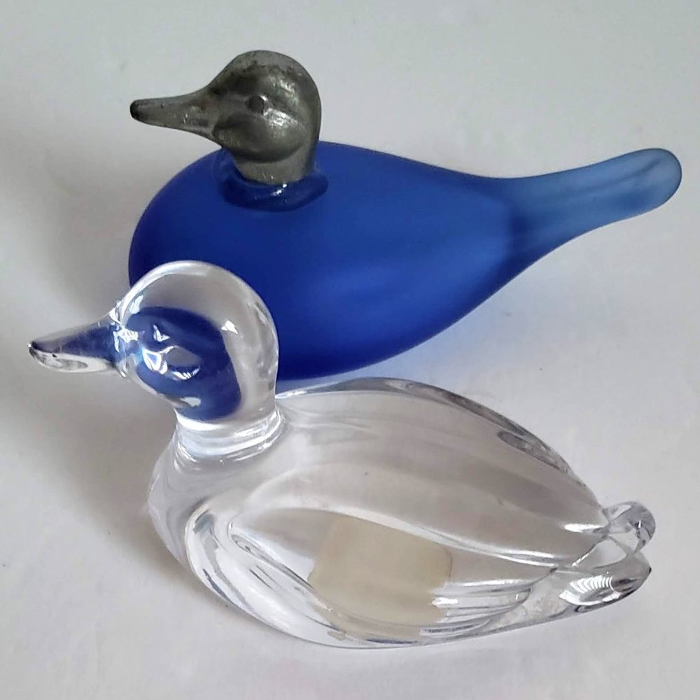 2pcs VINTAGE DUCKS Germany Lead Crystal & Blue Glass Figurines mallard duck